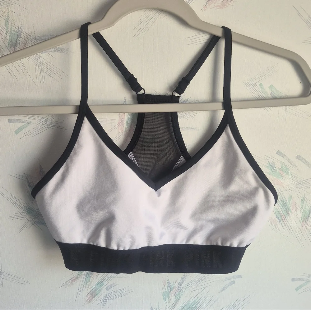 PINK Victoria's Secret White & Black Racerback Sports Bra